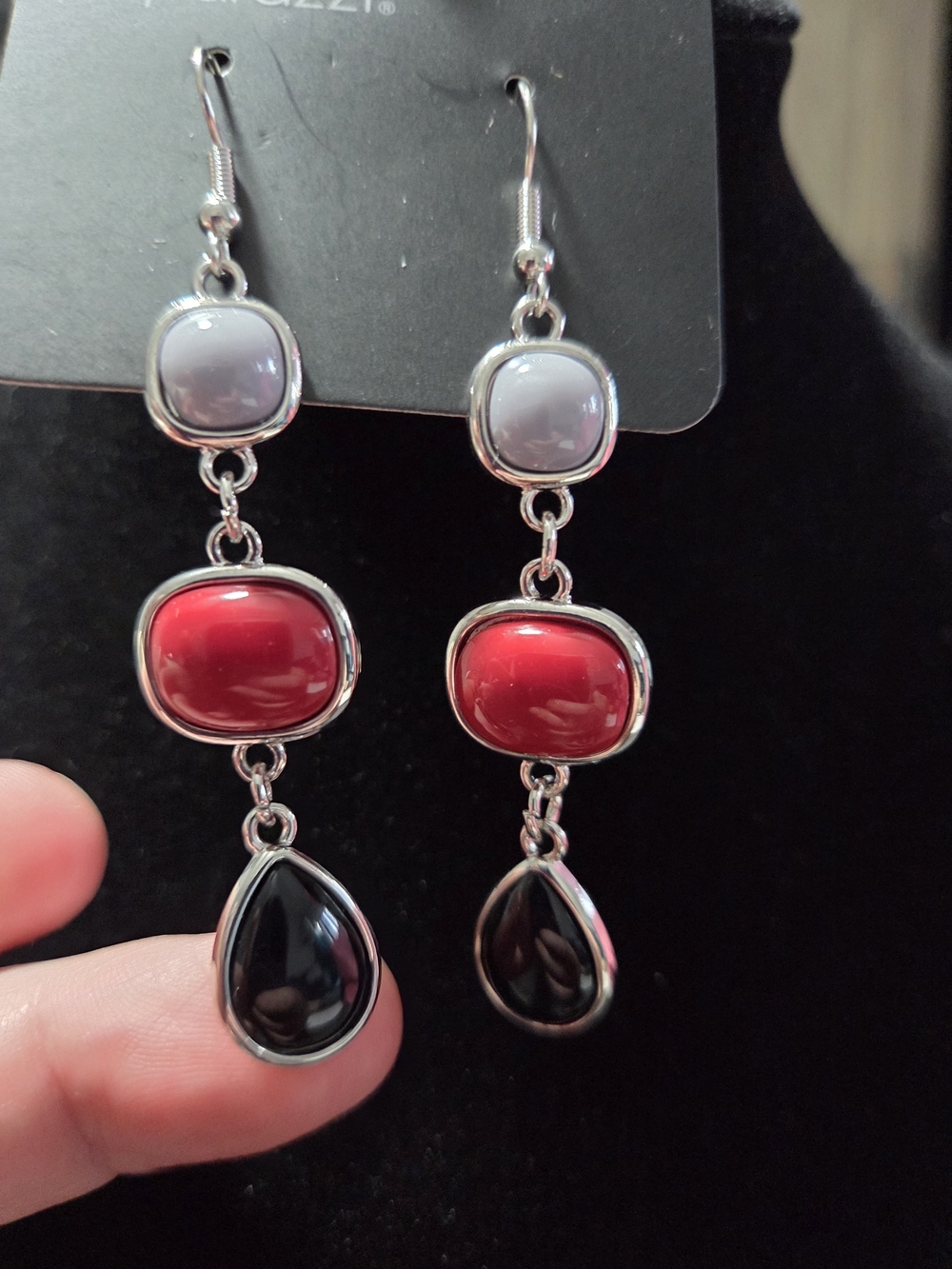 243# paparazzi Red, Black & Gray Triple-Drop Dangle Earrings